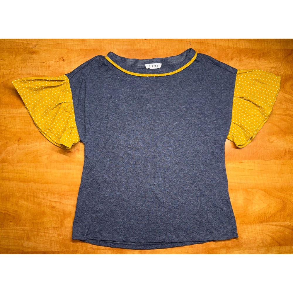 THML Blue Grey Textured Knit Top Yellow Polka Dot Flutter Sleeve Small